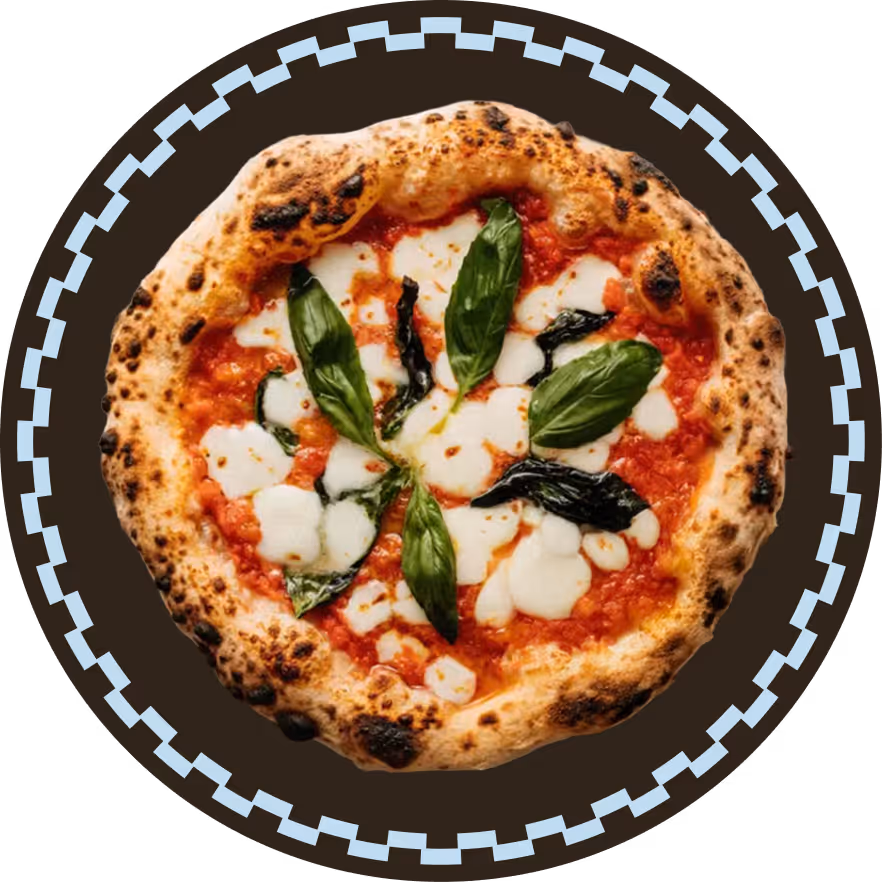 Neapolitan-style pizza with tomato sauce, melted mozzarella cheese, and fresh basil leaves on a charred crust.